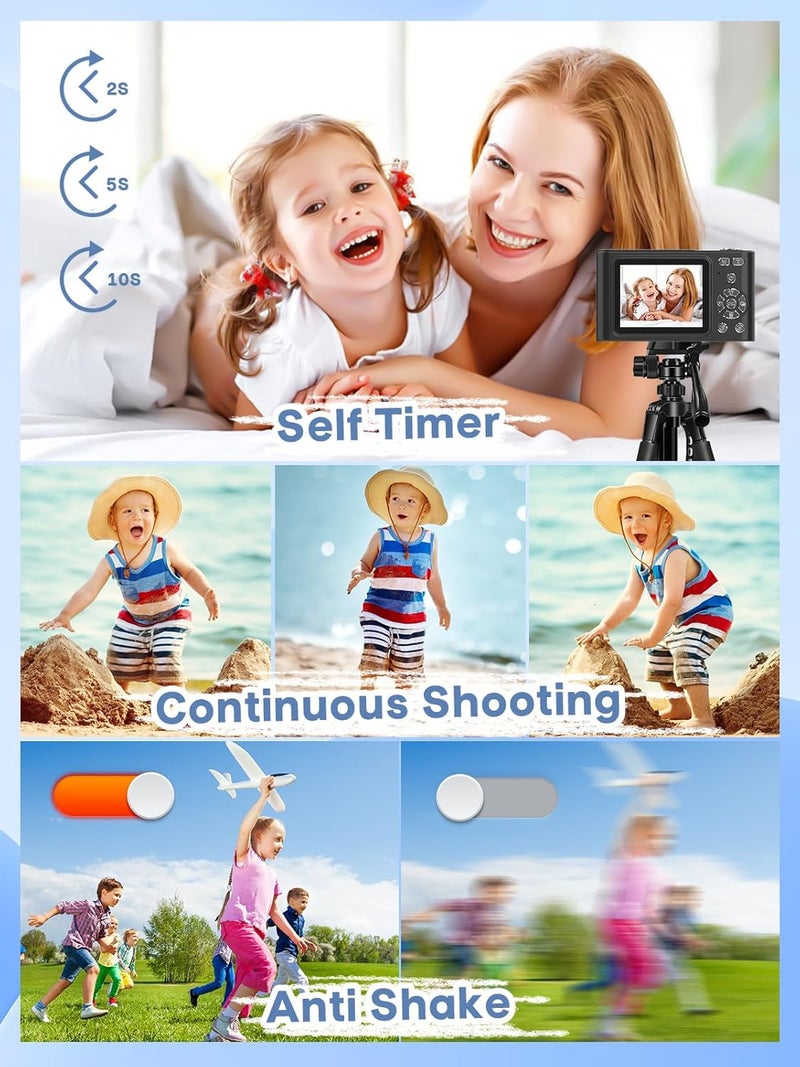 BEARBISU Digital Camera, 44MP Full HD 1080P Point and Shoot Camera with 64GB Card, Anti Shake 16X Zoom Compact Volg Cameras, Portable Small Camara Gift for Kids, Ages Teen Girl Boy - Black - Image 5